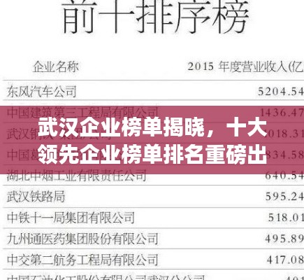武漢企業(yè)榜單揭曉，十大領(lǐng)先企業(yè)榜單排名重磅出爐！