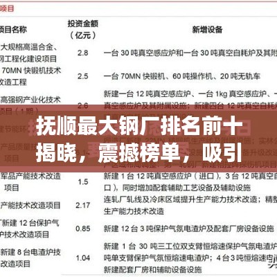 撫順最大鋼廠排名前十揭曉，震撼榜單，吸引目光！